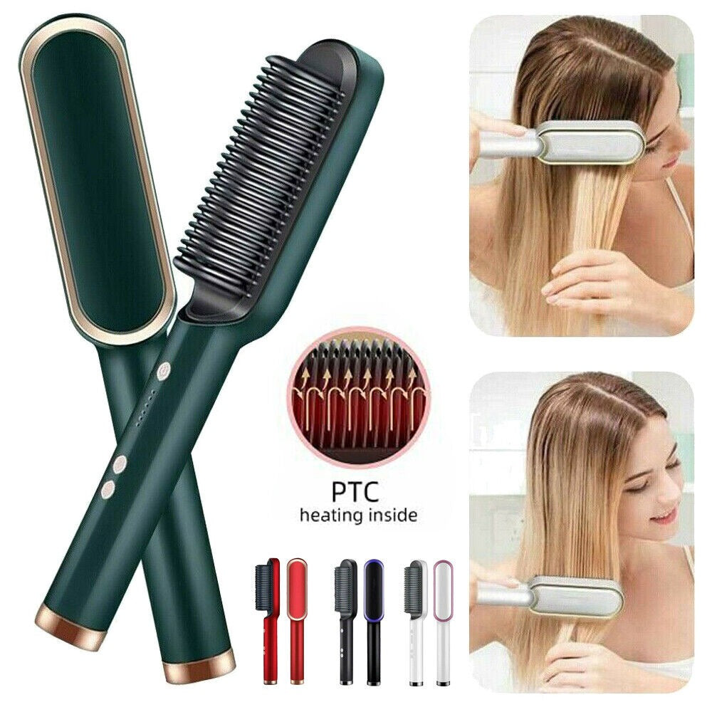 Hair Straightening Brush – 2-in-1 Electric Straightener & Curler