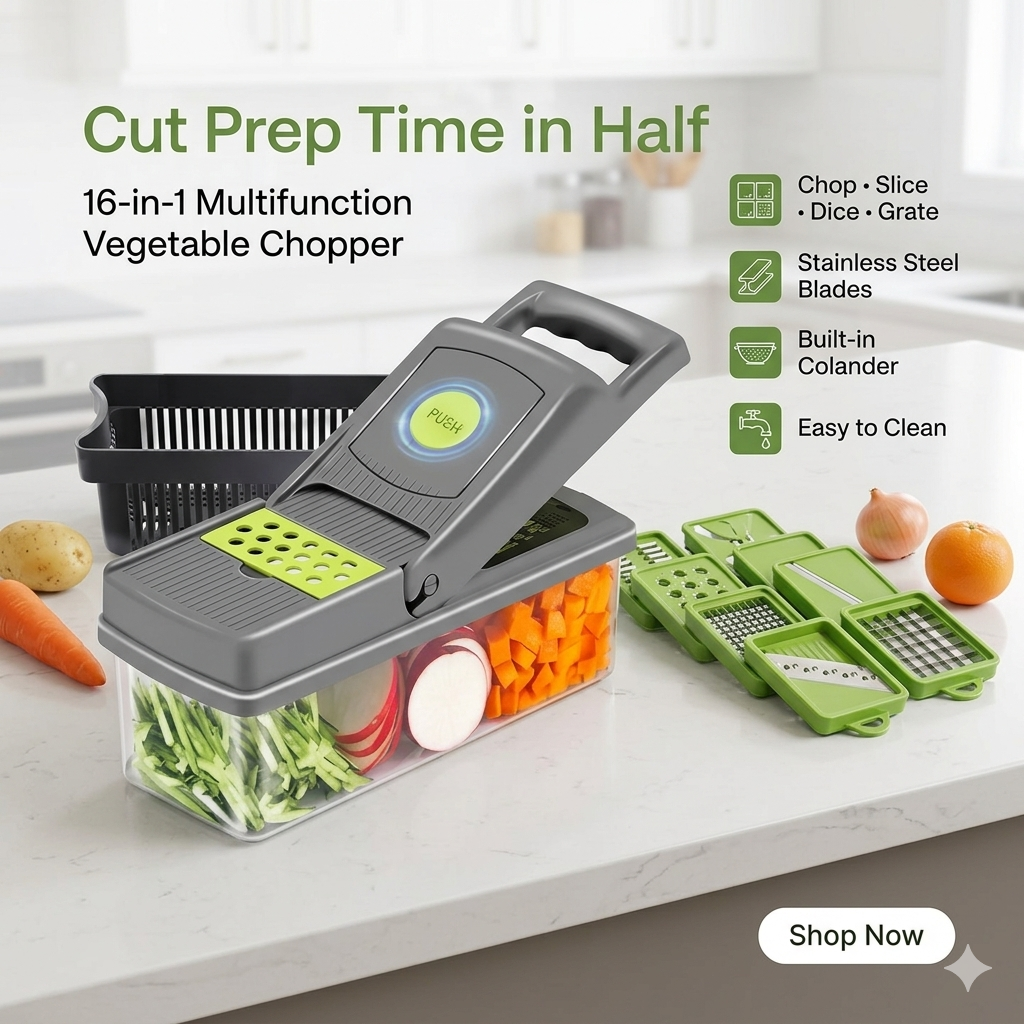16-in-1 Multifunction Vegetable Chopper & Slicer with Colander Basket